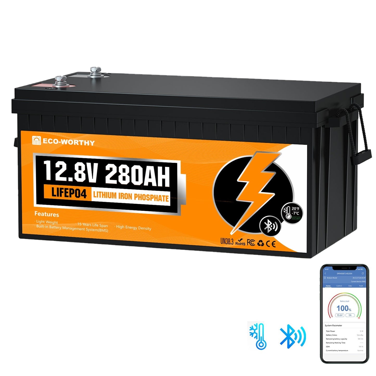 Eco-Worthy LiFePO4 12V 280Ah Lithium Iron Phosphate Battery With Bluetooth And Low - temperature Protection - lithium battery