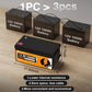Three 12V 100Ah batteries with an ECO WORTHY LiFePO4 12V 280Ah Lithium Iron Phosphate Battery on top, showing dimensions and features.