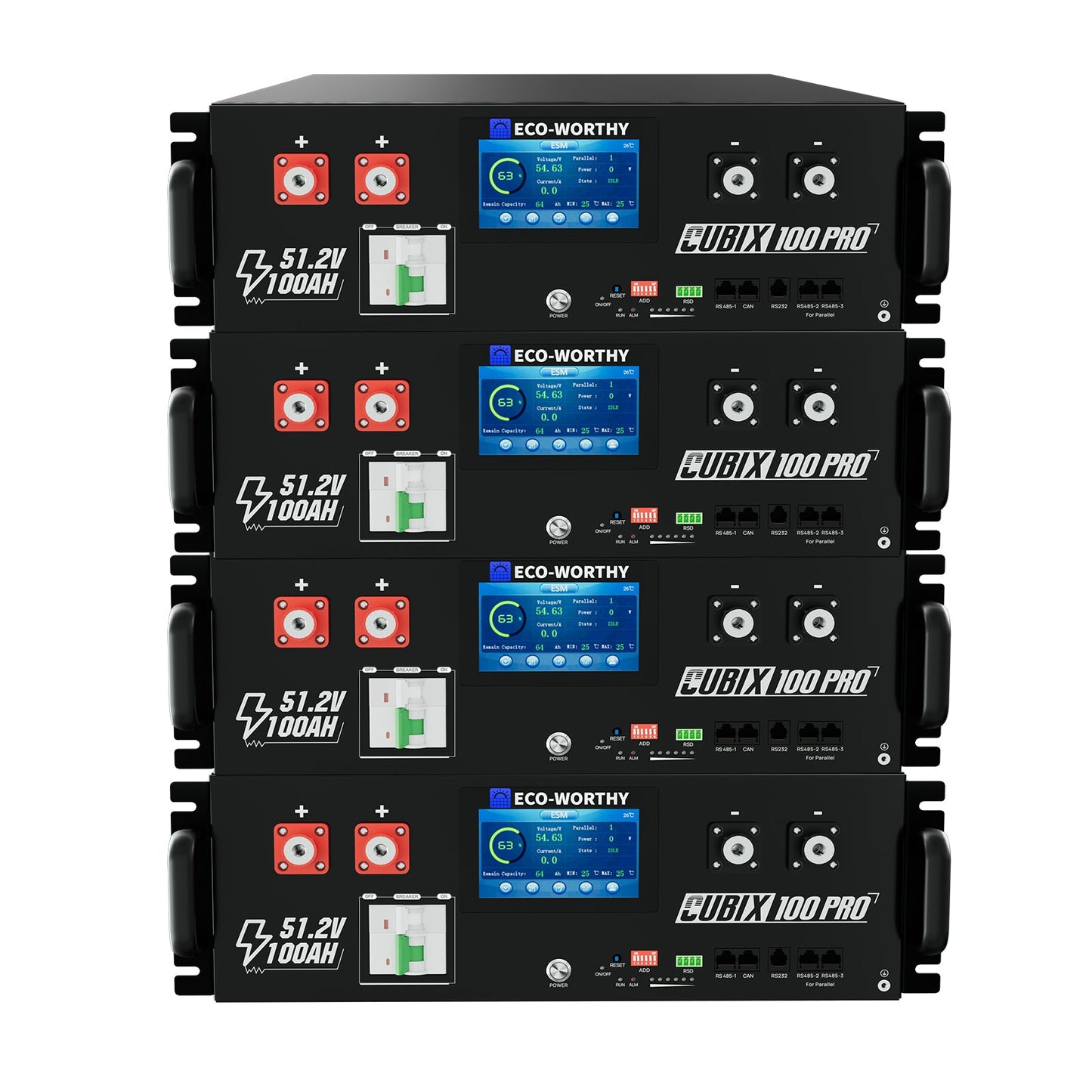 Four black Cubix 100 Pro Server Rack Batteries with multiple displays and buttons on a white background