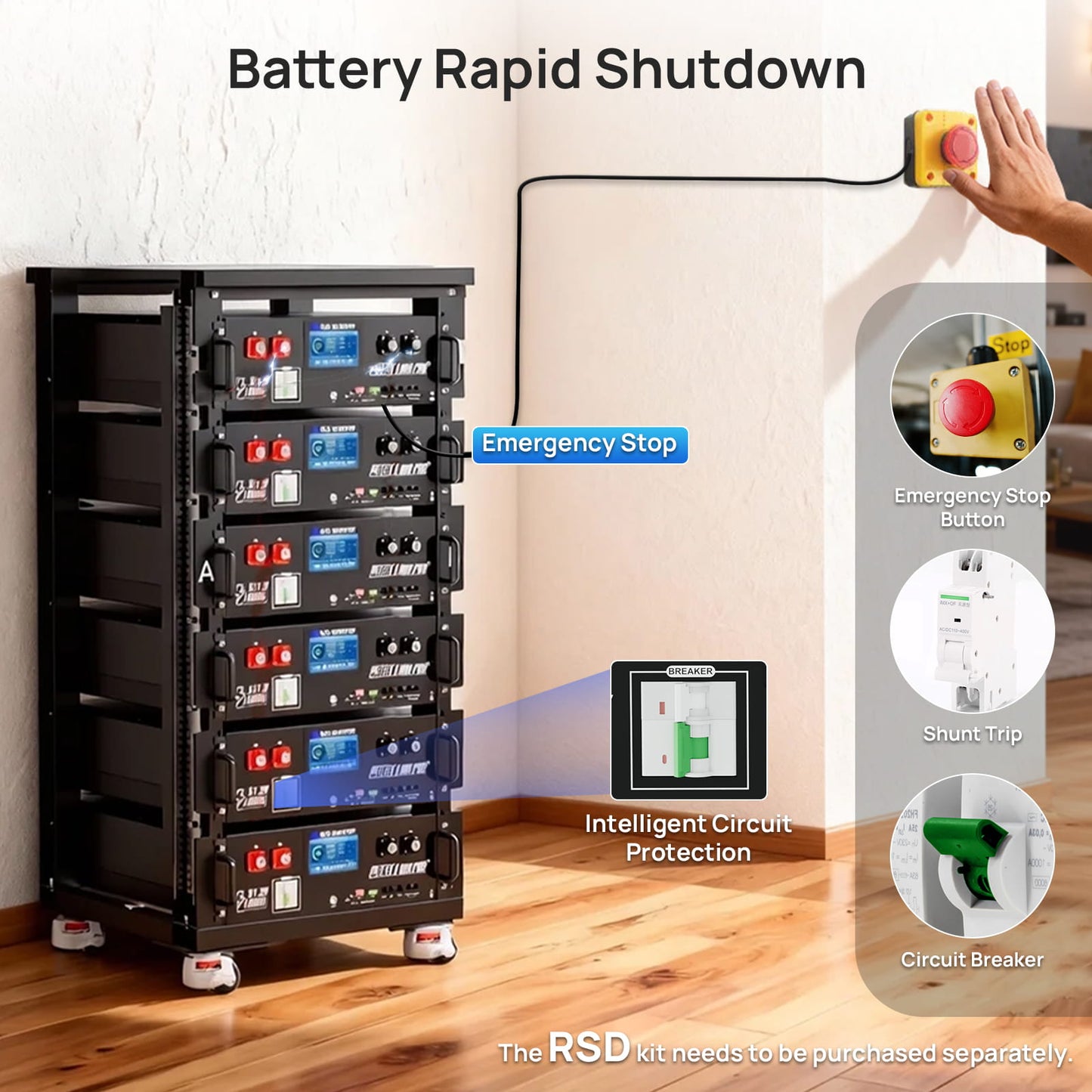 Battery system with emergency stop button and circuit breaker illustration, on a wooden floor.