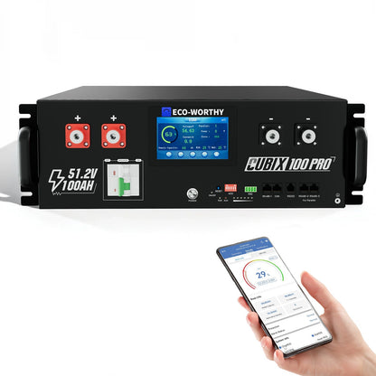 Cubix 100 Pro  48V(51.2V) 100Ah Server Rack Battery with digital display and smartphone app on a white background 
