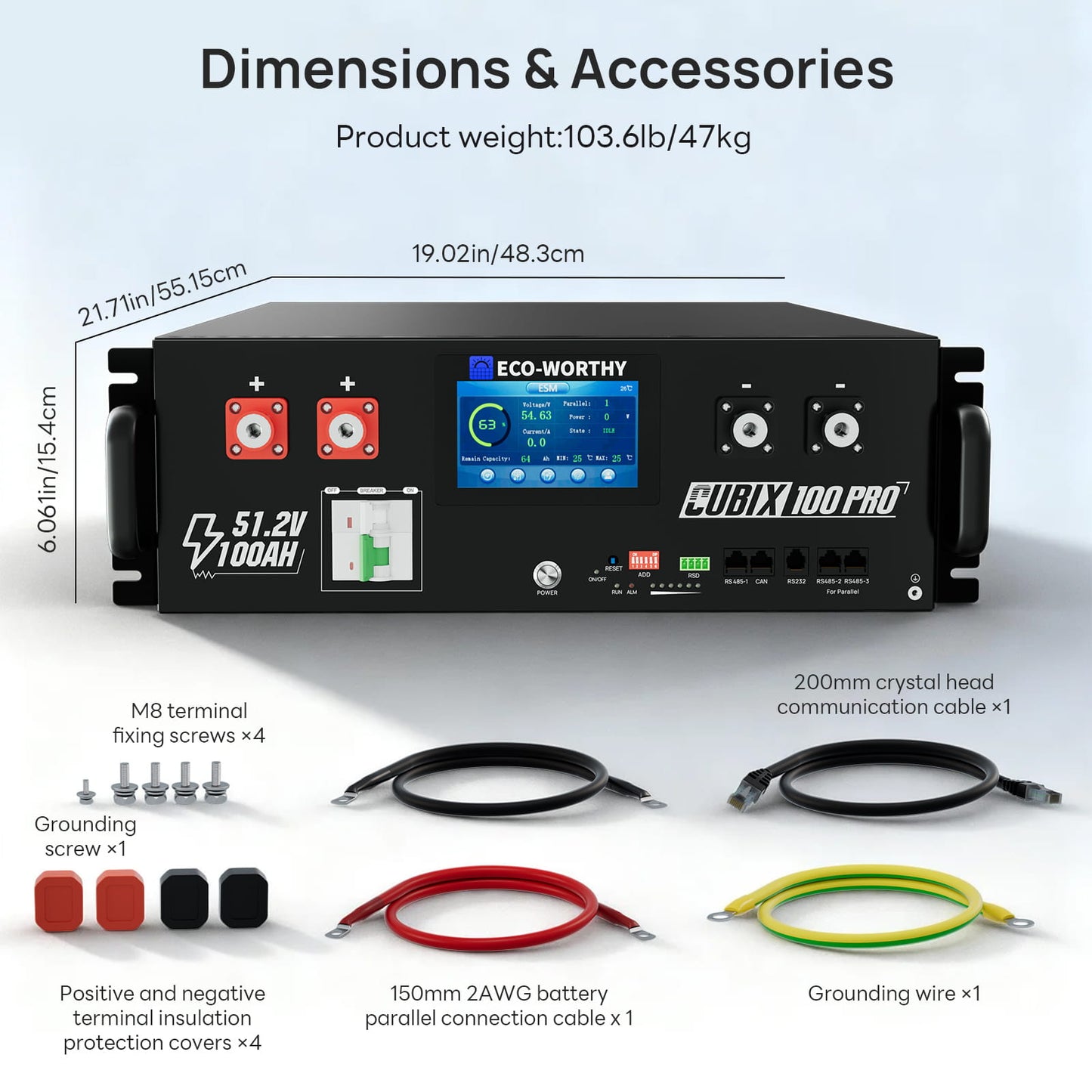 Eco-Worthy Cubix 100 Pro  Battery with dimensions and accessories listed on a white background