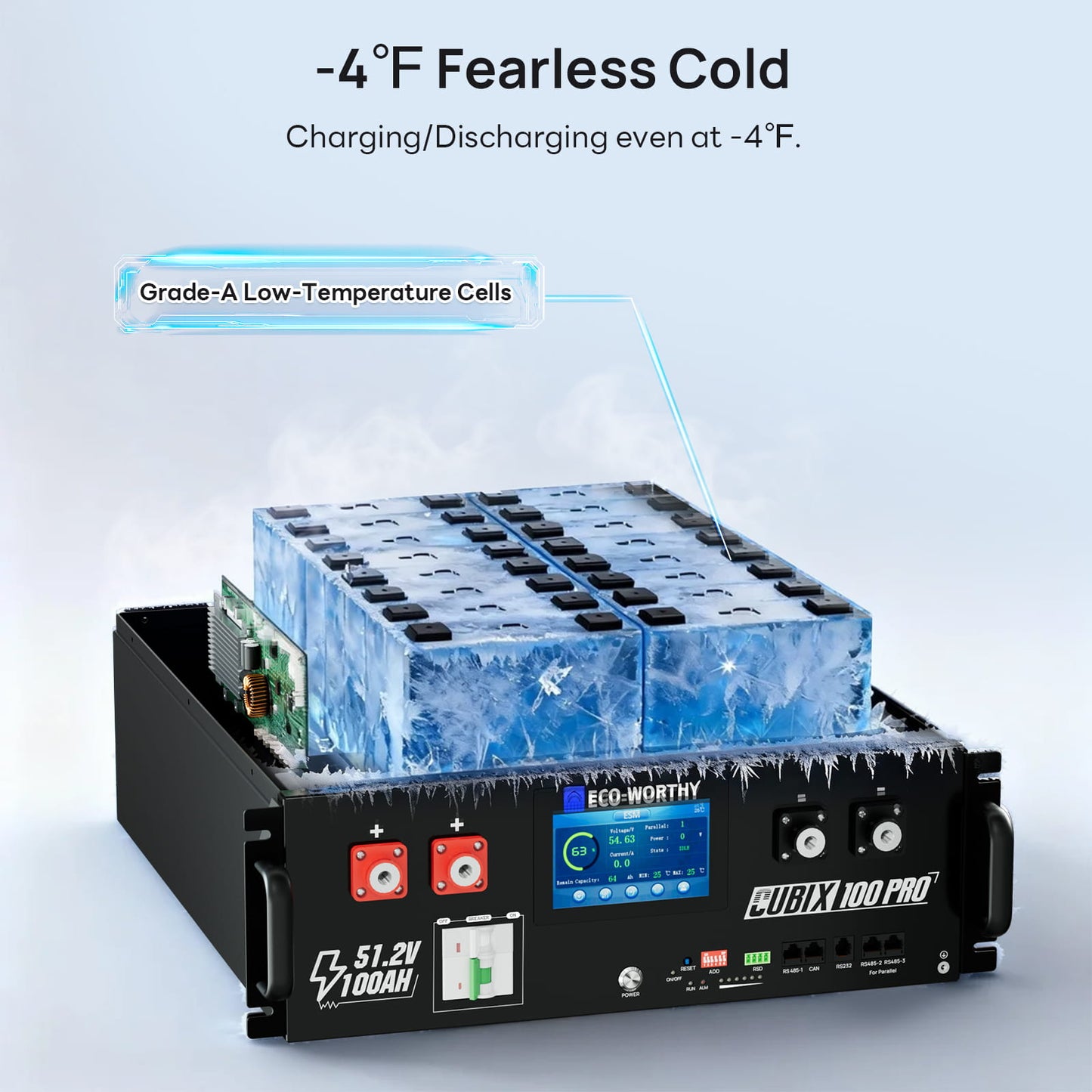 Battery pack with ice blocks on top, labeled '4°F Fearless Cold' on a light gray background.