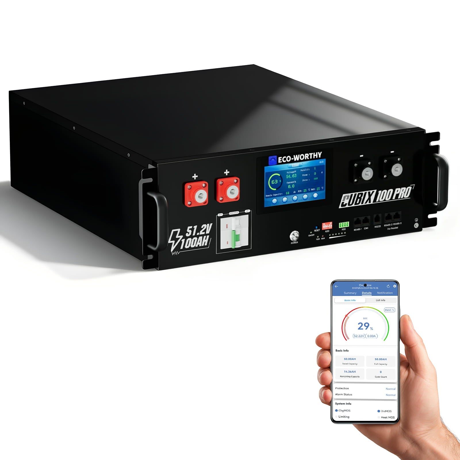Black battery pack with digital display and smartphone showing app interface on a white background
