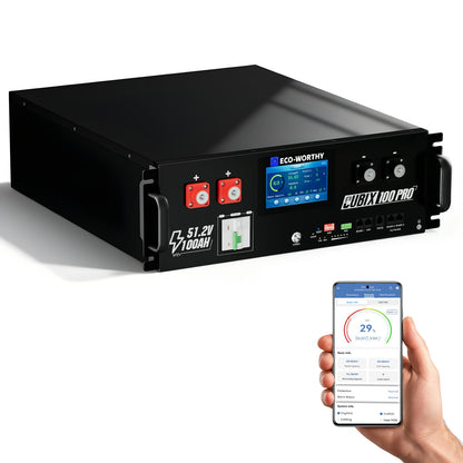 Black battery pack with digital display and smartphone showing app interface on a white background