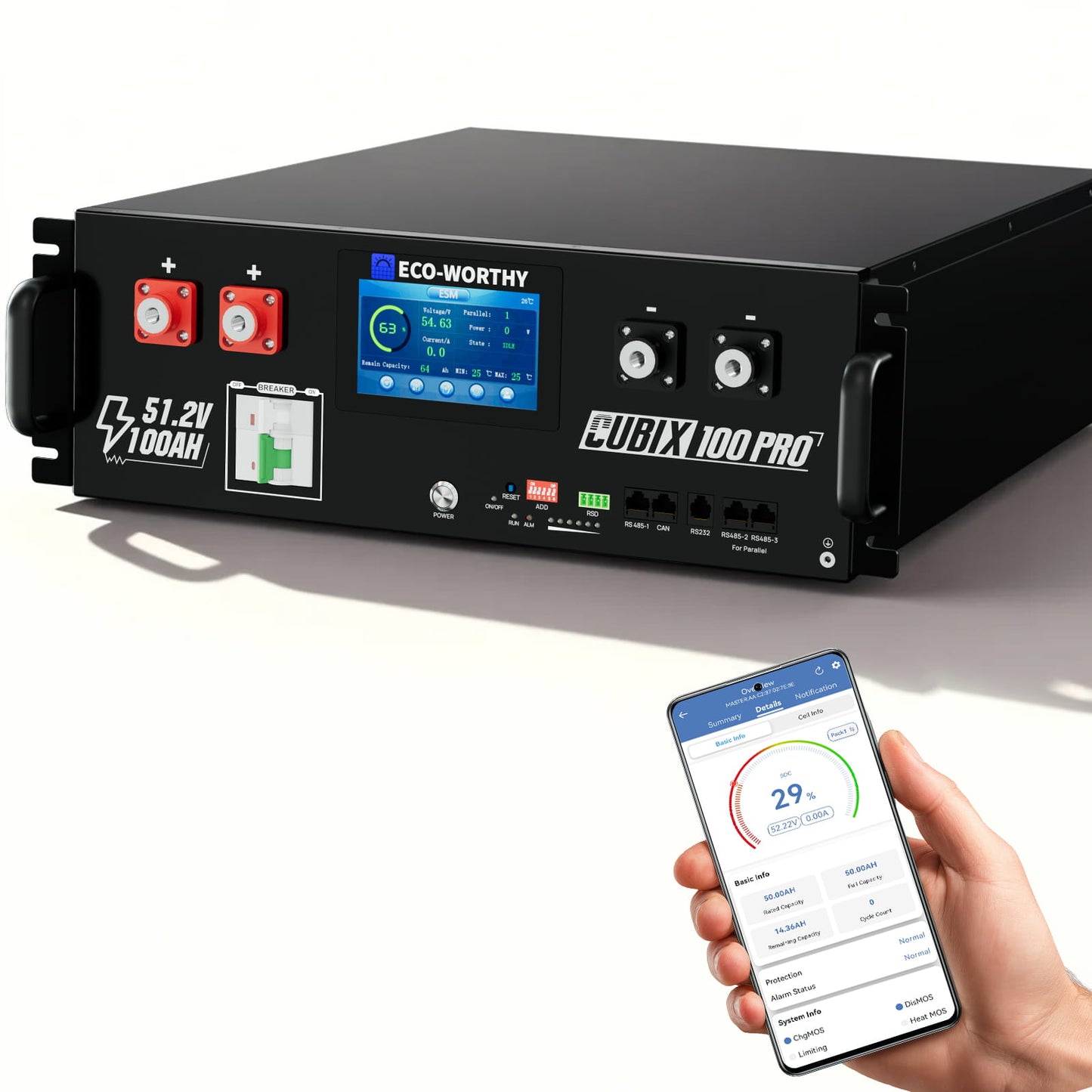 Black battery management system with digital display and smartphone app on a white background