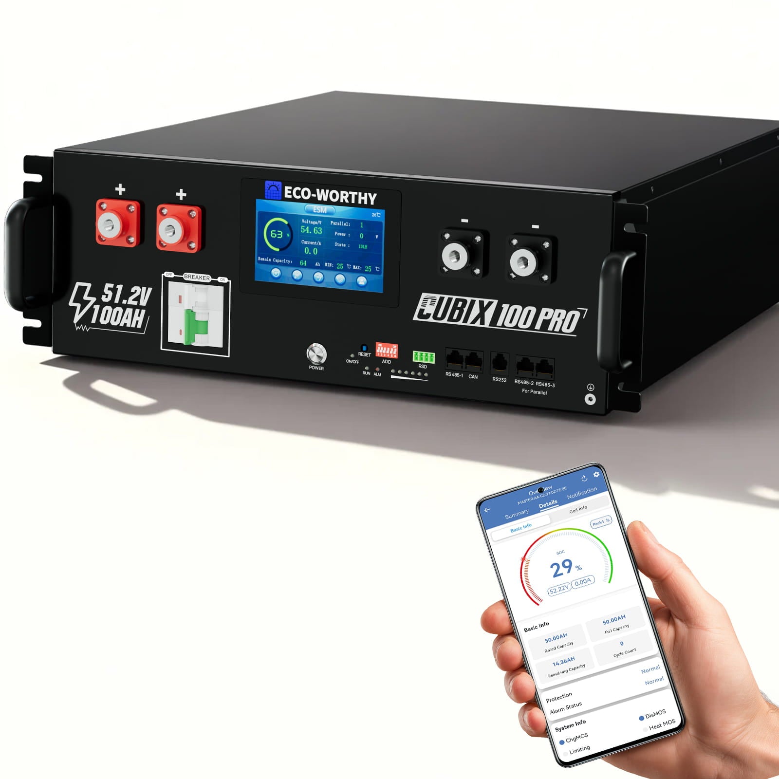 Black battery management system with digital display and smartphone app on a white background