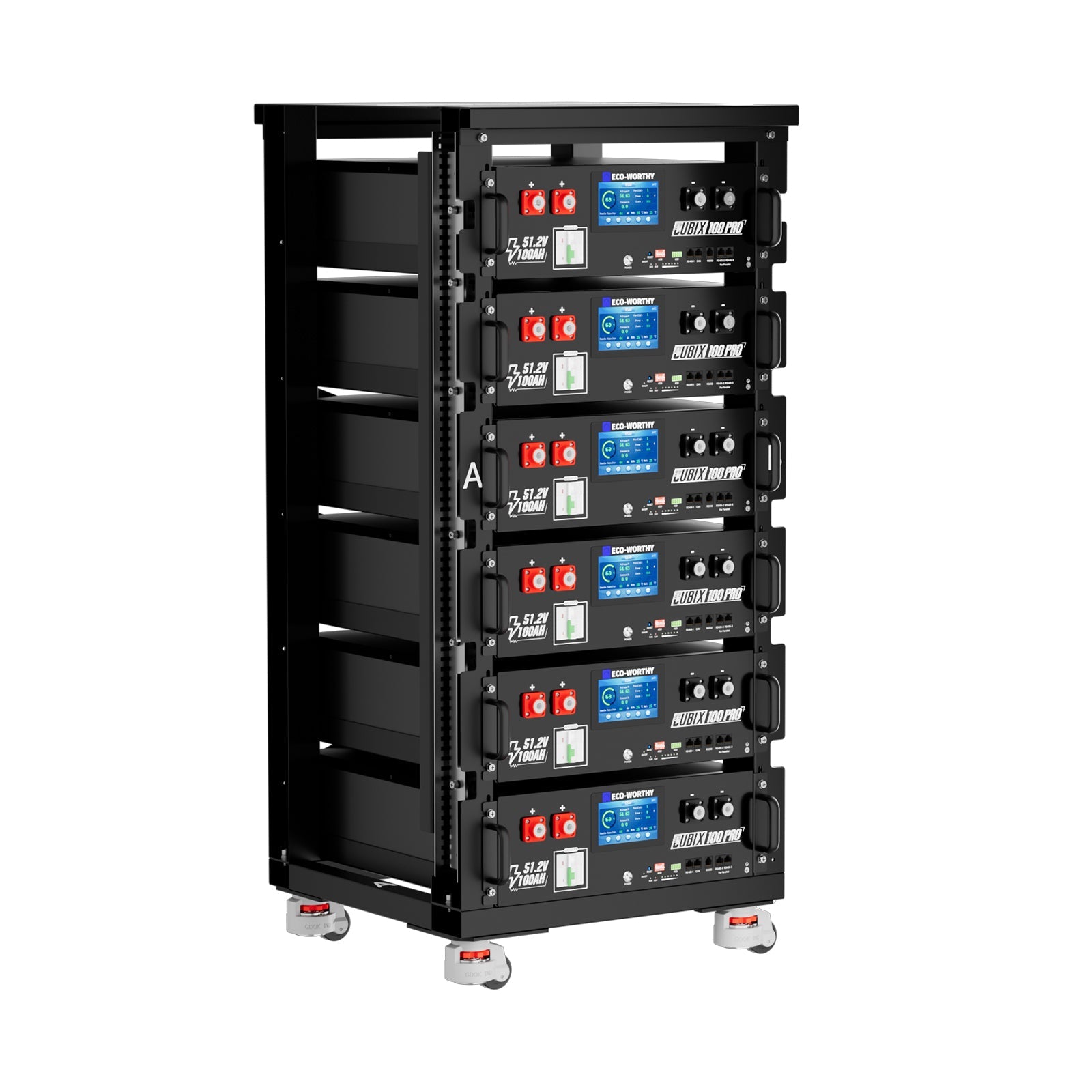 Black battery rack with multiple Eco-Worthy Cubix100 Pro on a white background