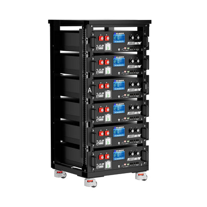 Black battery rack with multiple Eco-Worthy Cubix100 Pro on a white background