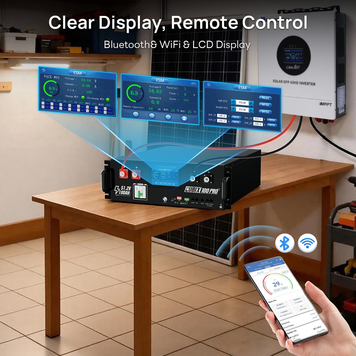 Cubix 100 Pro Server Rack Battery with clear display, remote control features, and smartphone app on a wooden table.