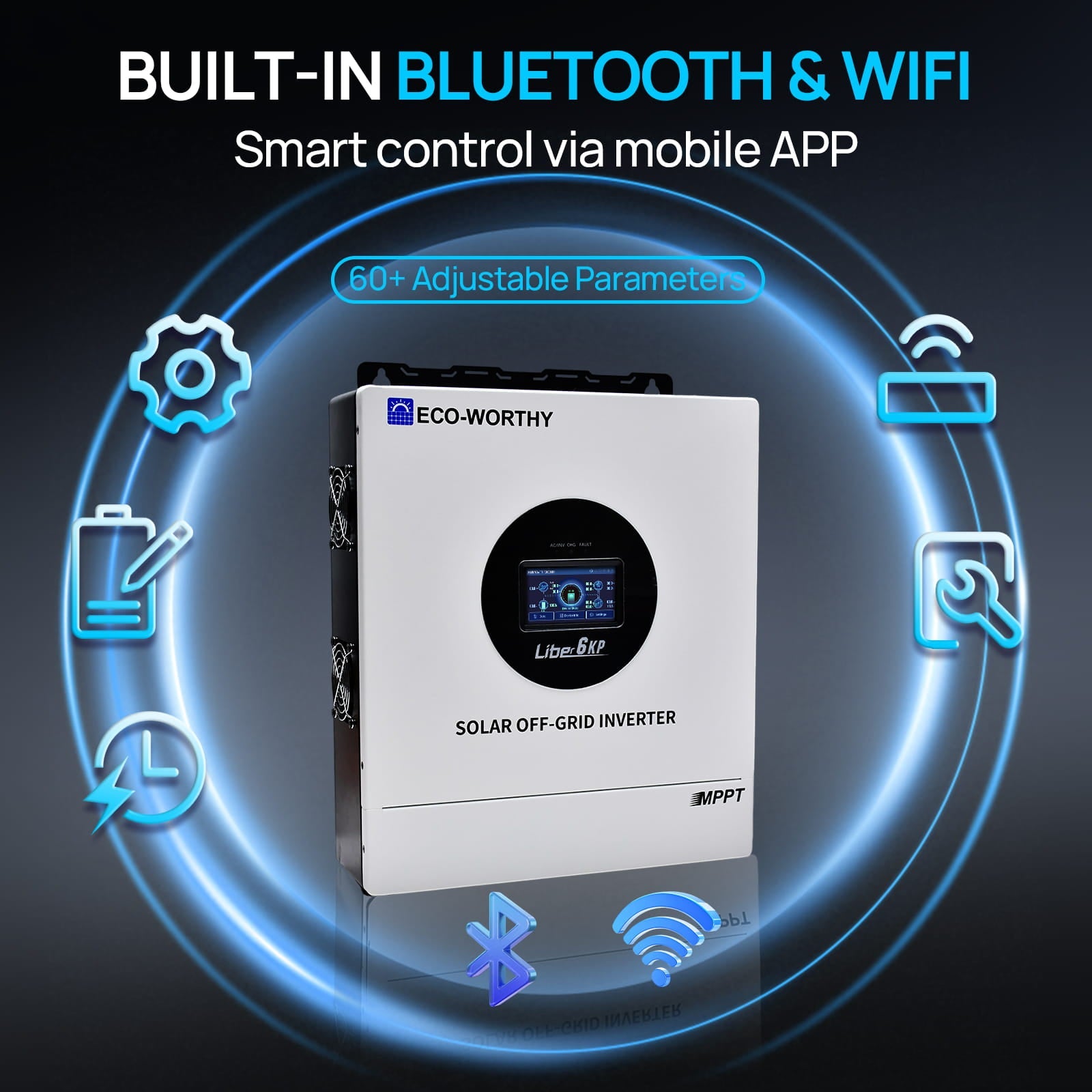 Solar off-grid inverter with Bluetooth and WiFi connectivity on a dark background
