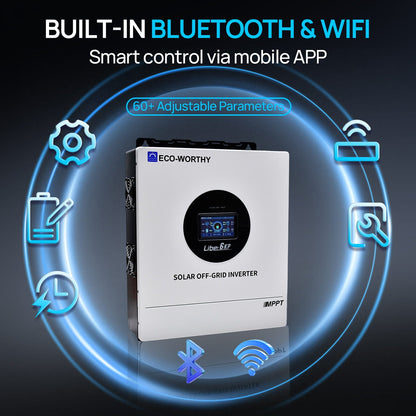 Solar off-grid inverter with Bluetooth and WiFi connectivity on a dark background