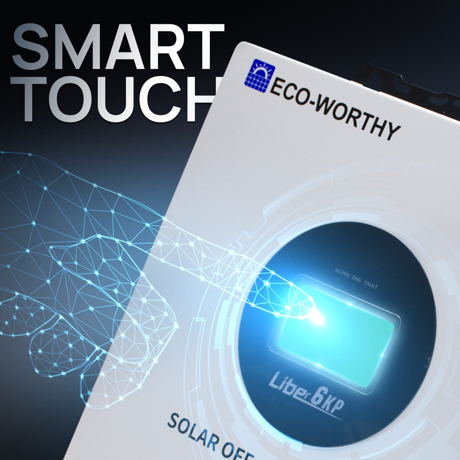 Eco-Worthy smart touch device with hand icon and blue light on a dark background
