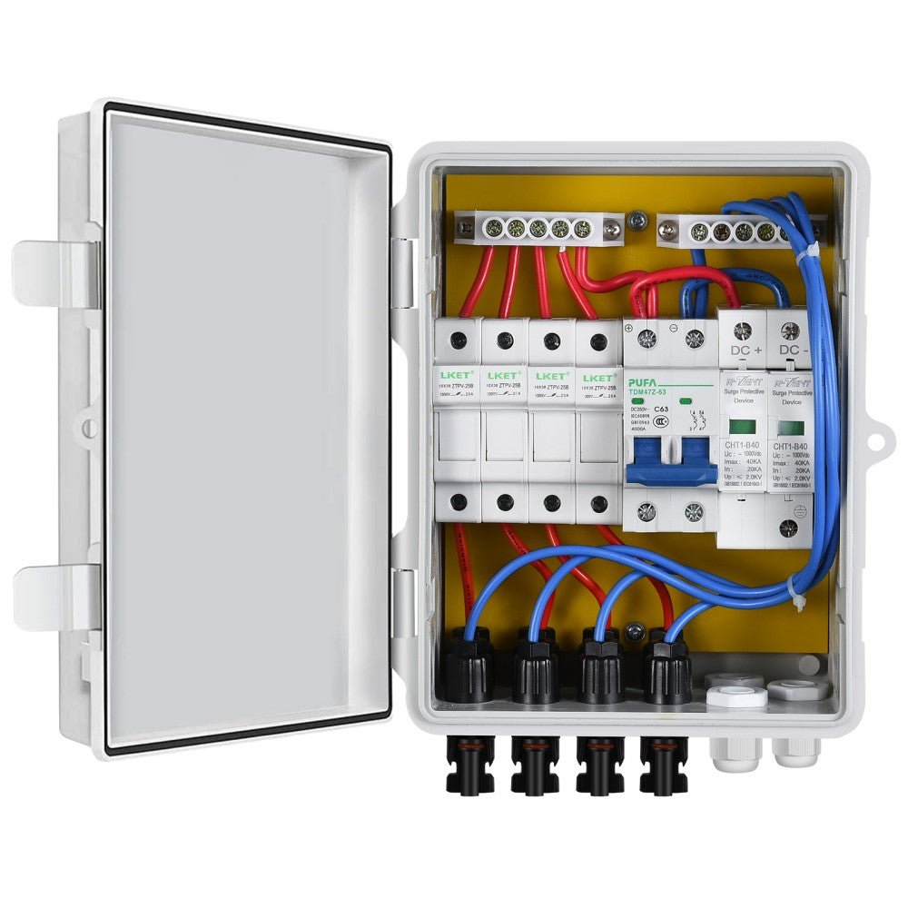 4 String PV Combiner Box with 4*10A Circuit Breakers for Solar Panel System - wirings