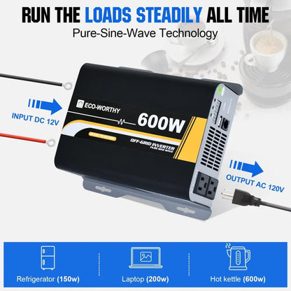 600W Off Grid Pure Sine Wave Inverter 12V to 110V - Inverter