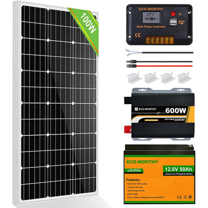 ECO-WORTHY 100W 200W Solar Panel Kit 12V with 50Ah LiFePO4 Battery Inverter  RV – ASA College: Florida